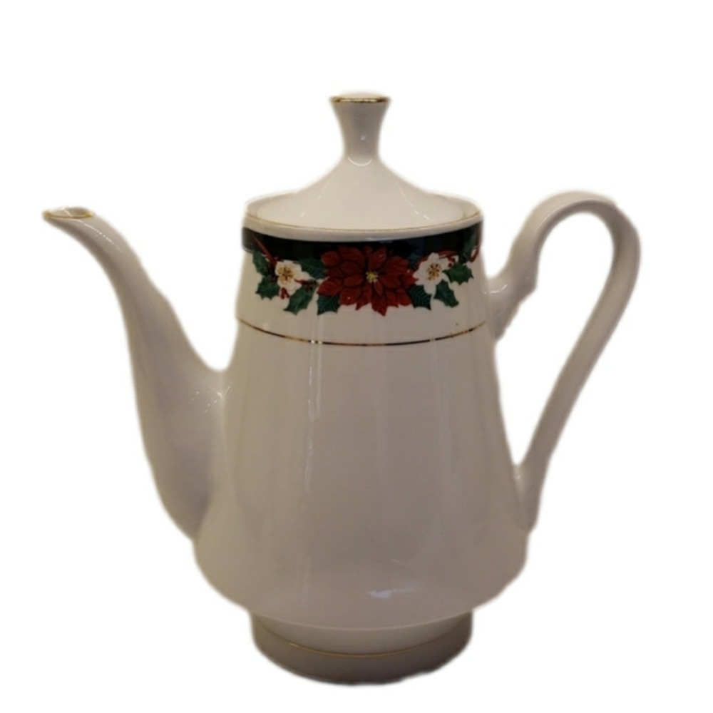 𝅺vintage Tienshan 'Deck the Halls' Coffe Pot Ceramic Porcelain 9"w x 9"h whi